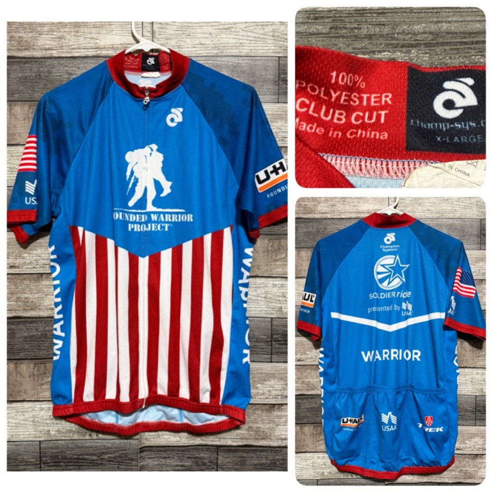 Wounded Warrior Project Cycling Jersey Men XL Blue Red Full Zip Pockets Club Cut